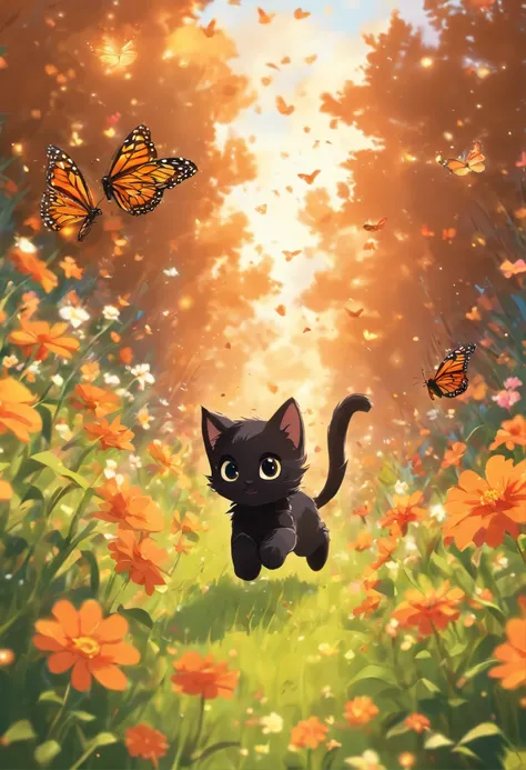 a cute vector of a black kitten chasing a monarch butterfly through a flowery field, anime style, M Jenni style, digital illustration, approaching perfection, highly detailed, smooth, sharp focus, illustration, 4k resolution