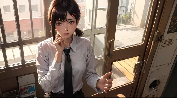 masterpiece, best quality, ultra-detailed, illustration, epic lighting, cinematic composition, isometric, 1girl, solo, cute, brown eyes, black hair, swept bangs, single sidelock, red hairclip, white collared shirt, black necktie, black pants, formal, encha...