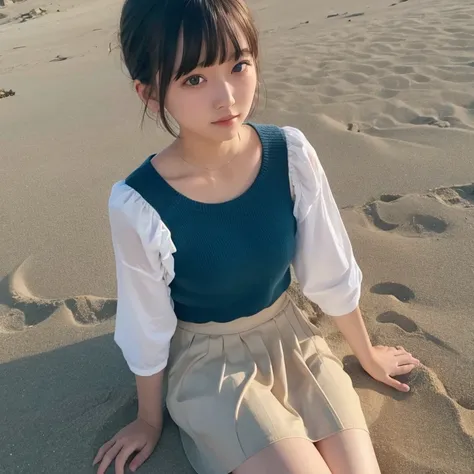 1womanl、age19、season、Winters、sand beach、Shorthair、skirt by the