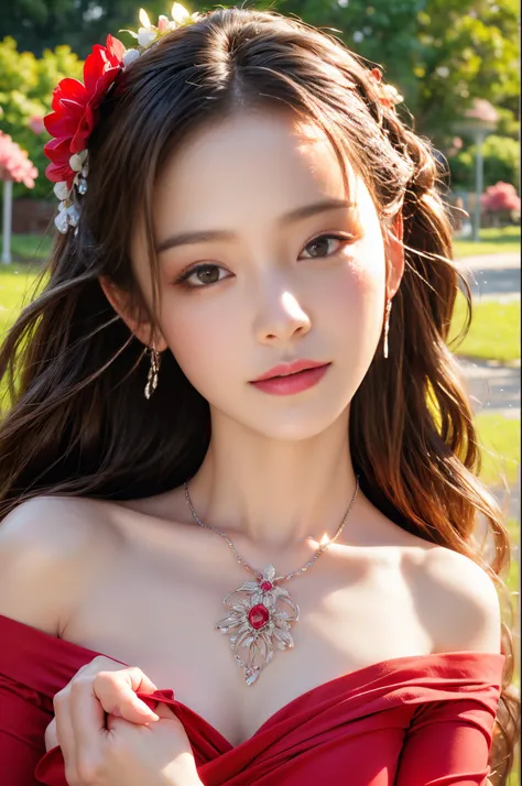 "(best quality,masterpiece,high resolution:1.2),(realistic:1.4),original photo,1 woman,red dress,off-shoulder,blooming flower field,glowing skin,subtle smile,beautiful detailed eyes,beautiful detailed lips,longeyelashes,soft sunlight,swaying grass,calm exp...