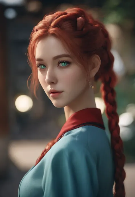 anime, hda, a close up of a woman with ((red braided low ponytail hair)) and (((the most beautiful green eyes))) in (((blue outfit))), (((determined)), 8k, Unreal Engine 5, octane render, by kyun, gamang, Yoon Gon-Ji, g.ho, gosonjak, shuroop, serious, domi...