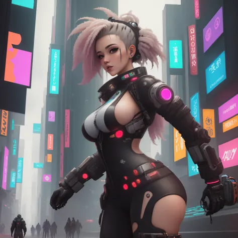 Garota sexy, japonesa, cabelos longos, ultra realista, seios grandes em um ambiente cyberpunk