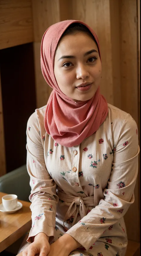 A photo of a young, nerdy malay woman in hijab sitting in a starbuck cafe with 1 malay men in office suit standing behind, woman wearing pastel floral pattern baju kurung, surrounded by a cozy atmosphere, cool ambient, looking at the viewer. (Detail skin:1...