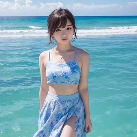 1womanl、age19、season、夏天、sand beach、blue sea、Shorthair、skirt by the、Yoshiko Akishino