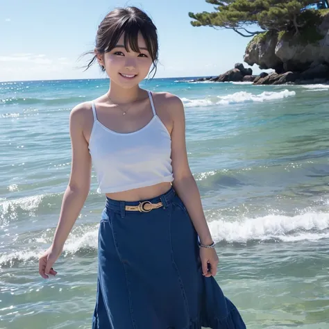 1womanl、age19、season、夏天、sand beach、blue sea、Shorthair、skirt by the、Yoshiko Akishino