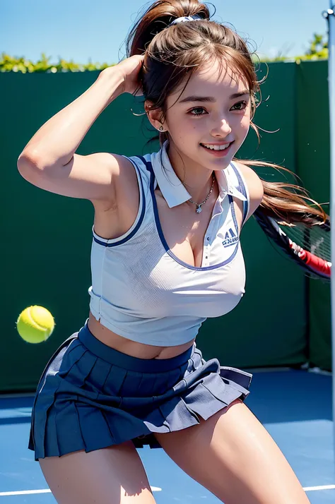 young tennis athlete clothes, (sweet smile), ultra high resolution, (top quality, masterpiece, intricate details), (detailed hands, detailed fingers), (fashion photography portrait), professional lighting, ((whole body)), (facing  forward), (big breasts:1....