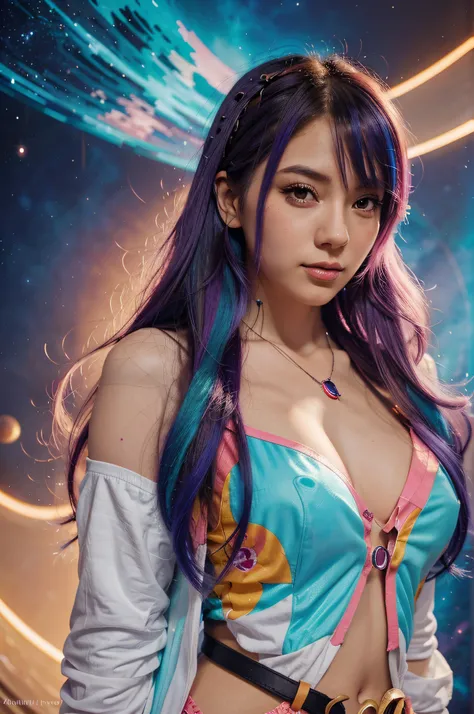 Close-up of a woman with colorful hair and necklace, anime girl with cosmic hair, soft vitality of Rossdraws, artwork in Guvez style, fantasy art style, colorful], vibrant fantasy style, Rossdraws cartoon full of vitality, cosmic and colorful, Guweiz, colo...