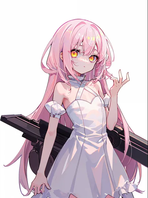 1girl, long pink hair, yellow eyes, slim body, loli short height, small chest size, wearing white dress, absurdres, high res, ultrasharp, 8K, masterpiece, looking at viewer