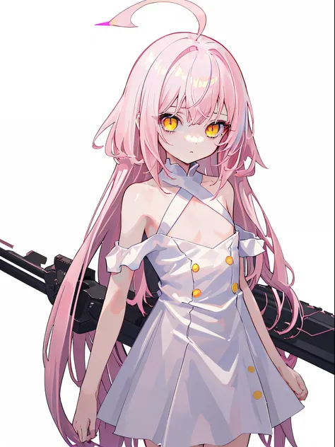 1girl, long pink hair, yellow eyes, slim body, loli short height, small chest size, wearing white dress, absurdres, high res, ultrasharp, 8K, masterpiece, looking at viewer