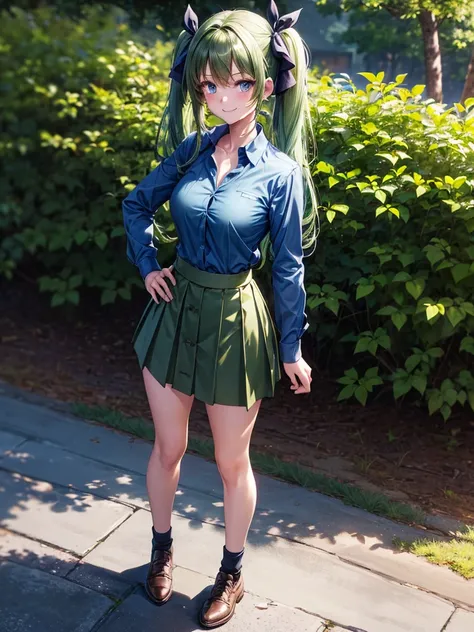 1girl, solo, ((full body)), forest, dark green hair, twintail, large breasts, ((blue button down shirt)), opened brown zipper jacket, dark blue eyes, ((blue shirt)), ((unbuttoned shirt)), ((long skirt)), smile, looking at the viewer, standing, hair ribbon,...