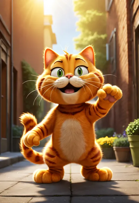 a lively and endearing image of garfield the cartoon cat, garfield comic, cartoon character, inspired by Bill Watterson, god rays, ray tracing, Cartoonish, highres, best quality, 16k