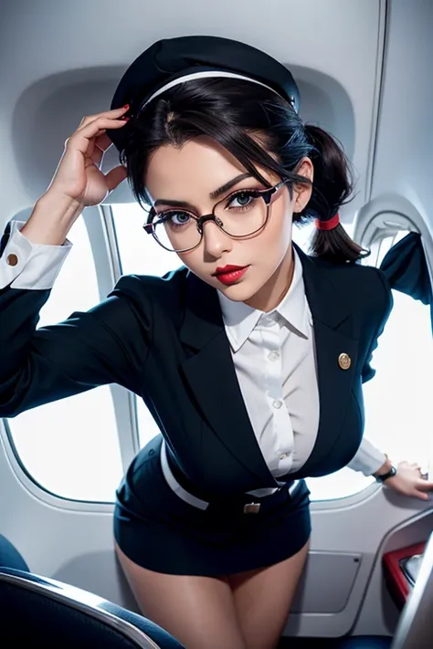 european woman in a plane, air stewardess uniform , blazzer, skirt, stewardess hat, glasses, dark hair, red lips, shadow eye, na...