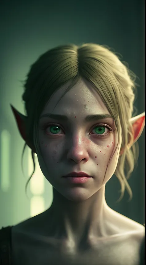 4k, a Female Goblin, eye contact, focus, background indoors, precisionism,, ((((cinematic look)))), soothing tones, insane details, intricate details, hyperdetailed, low contrast, soft cinematic light, dim colors, exposure blend, hdr, faded, slate gray atm...