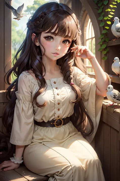 anime Make an illustration for a fairy tale about a girl, talking to animals and birds, honey brownish eyes, black fluffy wavy hair with bangs talking to white doves