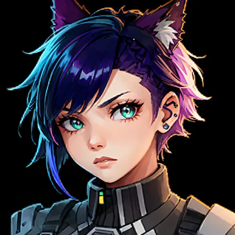 starsector, girl, ((undercut)), asymmetrical bangs, asymmetrical hair, Multicolored Hair, gradient hair, fox ears, green eyes, bust, ((blue hair ((purple hair)))), very short hair, ((portrait)), (purple fox ears), not amused, dark space background, tactica...