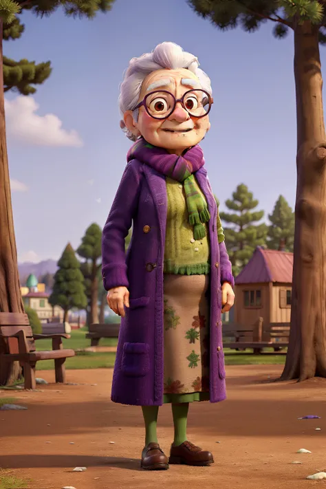 masterpiece, best quality, an old woman with glasses and a scarf on, wearing a purple coat and green scarf, standing at the park