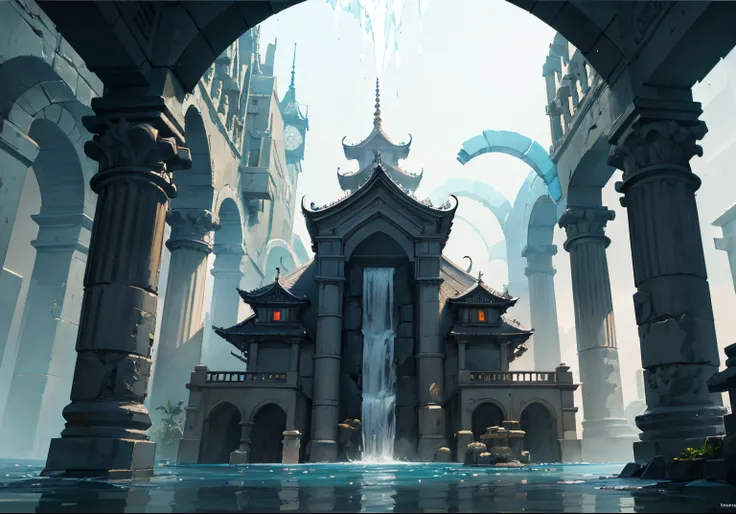 Waterfall bridge painting close-up, Water Monastery, Temple flooded scene, Detailed matte fantasy painting, Undersea Temple, environment concept art, water temple, environment and concept art, Fantasy environment, lost city of atlantis, Environmental paint...