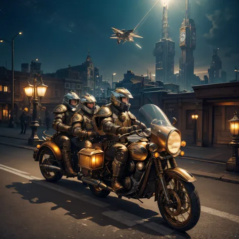 model dreamshaper ,steampunkschematics three men wearing beige armor , flying on unusual flying motorcycles over the night city ...