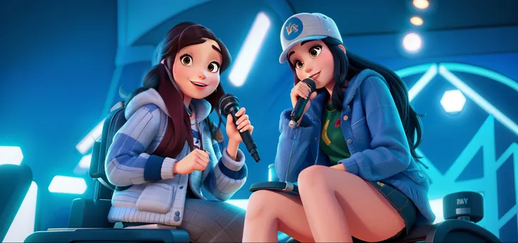 women with microphone in hand in disney pixar style,alta qualidade, melhor qualidade