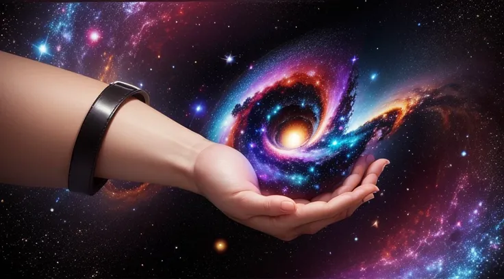 A hand holds a colorful galaxy.   The background is a black hole.