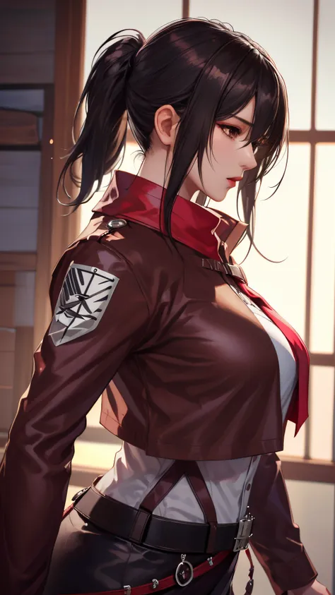 （（（planning_ackerman，through bangs, obi strip, belt buckle, 黑The eye, Brown belt, Brown jacket, Buckle up, Formal shirts, hair between eye, jaket, longer sleeves,  Open your clothes, Open jacket, uniform of heaven, red neckchief, The shirt, ））），((tmasterpi...