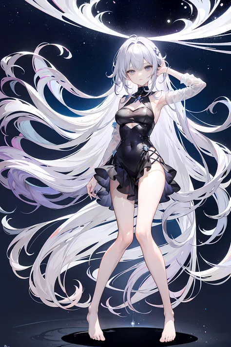 Lilac gradient hair,Asymmetrical hair,（（Hair is very thick 1.8，Hair is well-defined1.6））， Hair over the shoulder, messy  hair, Very long hair, shinny hair，(Long gray hair:1.2),A beautyful girl，（Luxurious Platinum Mini Lolita，Made of transparent material），（...