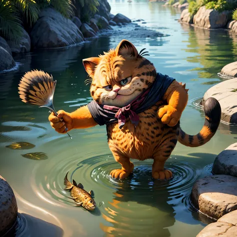 tmasterpiece， Best quality at best， （Very detailed CG unified 8k wallpaper）， （Best quality at best）， （Best Best Illustration）， （The best shadow），Garfield cat catches fish in the river