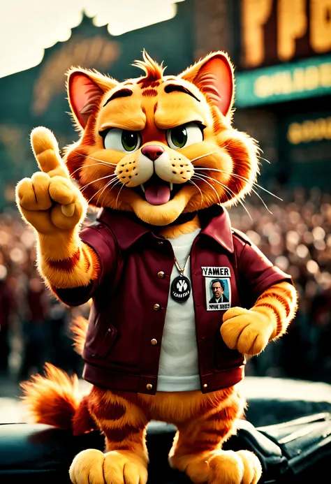 The film is still a radical Garfield rally, Protest war, make peace sign, Handheld logo text:((Yamer)) ,paws with claws , shallowdepthoffield, vignet, The is very detailed, High budget, bokeh, movie theater, moodiness, epic, a gorgeous, filmgrain, Super sh...