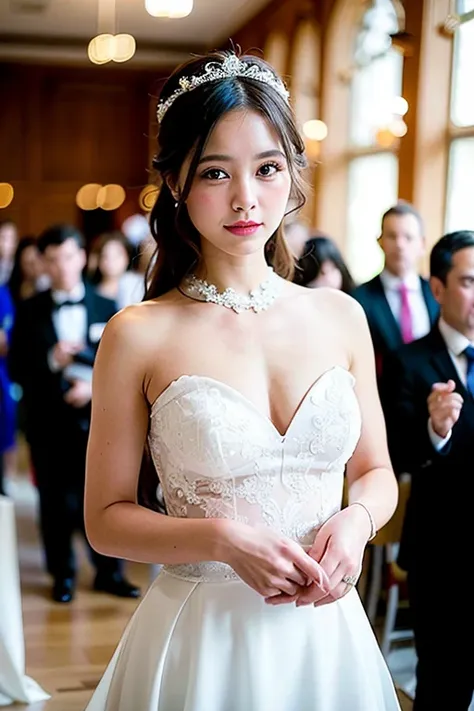 (Very detailed, reasonable design, Clear lines,Best quality, Masterpiece,Light and dark light Canon photography crystal clear （realisticlying:1.2）A beautiful woman in a white wedding dress