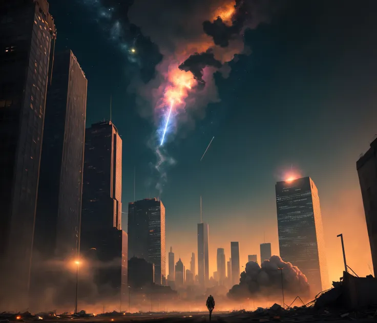 Late night city，Meteorites in the sky，Apocalyptic scenarios