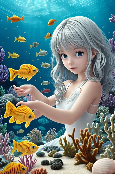 Undersea juvenile silver-haired shell house，Girl with short white hair，Colorful bubbles，a plant，Glowing small fish，Sparkling，ocean floor，( reasonable design, Clear lines, High sharpness,Best quality, Very detailed, Masterpiece, movie light effect, 4K )