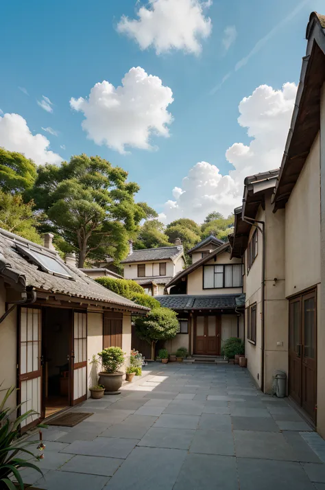 animee, cartoon, illustration, "painting" of a small characteristic Japanese wooden white house with veranda and woodshed, with garden, potted plants and a balcony, colors lit, shadow light contrast,on the blue roof of the house a chimney with smoke, blue ...