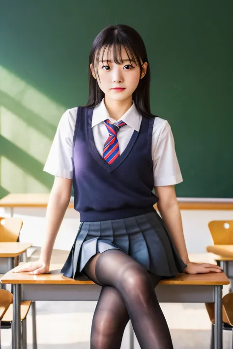 masterpiece, top quality, ultra high definition, colorful, flat color, depth of field, lens flare 1 girl, sitting, black hair, watching viewer, school, classroom, pleated mini skirt, school uniform, seravuk, black pantyhose, detailed touch, detailed fabric...