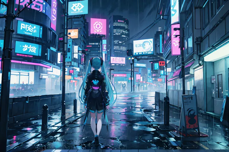 miku hatsune, cyberpunk city, futuristic, heavy rain, 8k, anime wallpaper 8k, absurdres, ultrasharp, night, city streets, japan, blue ambience, raindrops, rain soaked body