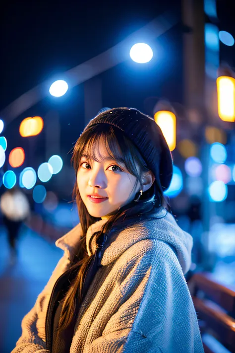 (8k, RAW photo, best quality, masterpiece:1.2), (realistic, photo-realistic:1.37),1girl,(Kpop idol), (aegyo sal:1),cute,cityscape, night, winter, snow, professional lighting, photon mapping, radiosity, physically-based rendering,