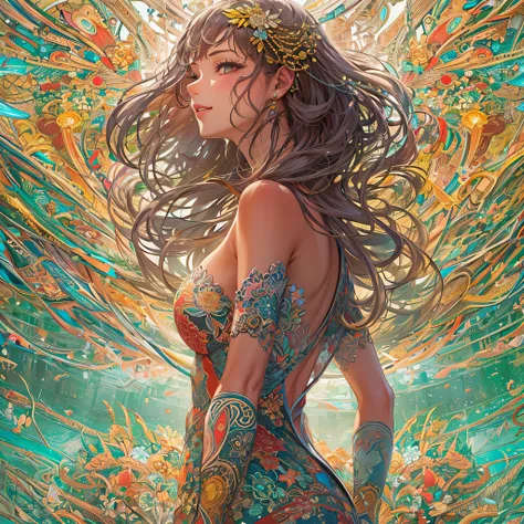 (masutepiece, of the highest quality, Best Quality, Official art, Beautiful and aesthetic:1.2), (1girl in:1.3), Extremely detailed,(Fractal Art:1.2),Colorful,highest details,(Zentangle:1.2), (Dynamic Pose), (Abstract background:1.5), (Congressional Dresses...