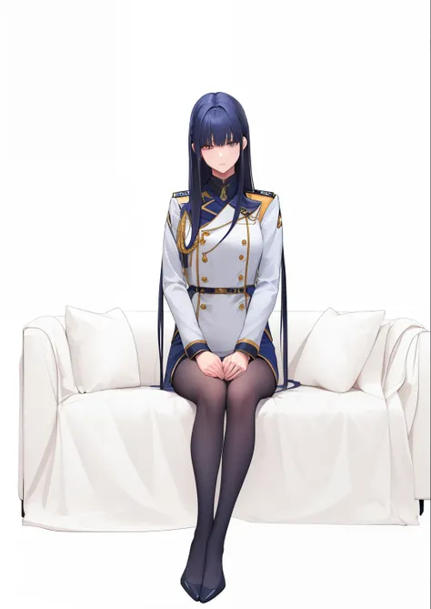 woman with long dark blue hair、Patsuns hairstyle、Wearing a navy blue military uniform,Sitting on the couch、Facing the front、masuter piece、The ultra -The high-definition、