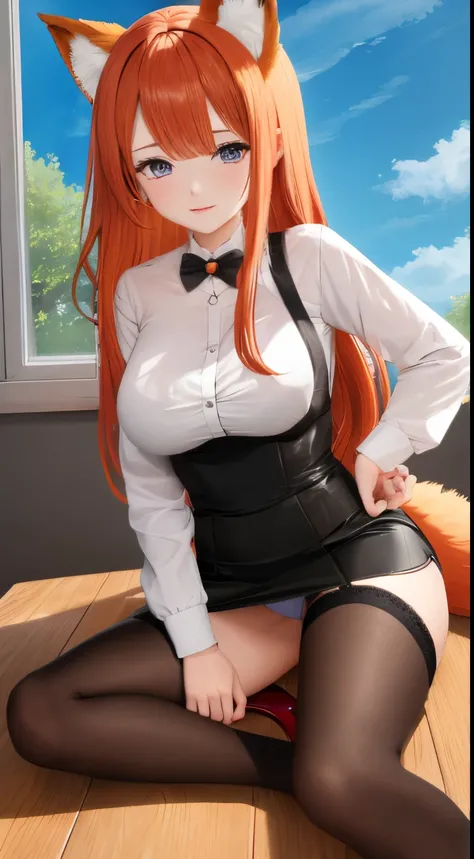 anime girl, 1 person, orange hair, glasses, Crown,maid,fox ear, Foxs tail, front view, big breasts, tights, sitting on desk,exposed chest, underwear, maid suit, shy, blushing, lifting skirt , bright sky, sitting cross-legged, high heels,exposed chest, unde...