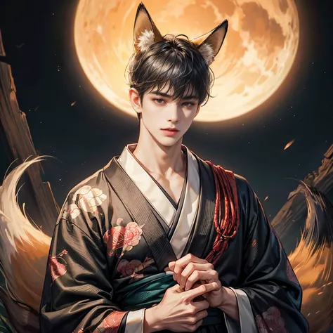 hight resolution, Boy with fox ears, Beautiful black hair short hair, With bangs, Nighttime Looking at Viewer, Realistic background, simple kimono for men