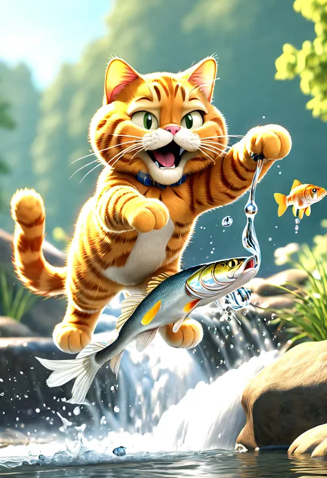 tmasterpiece， Best quality， （Very detailed CG unified 8k wallpaper）， （Best quality）， （Best Best Illustration），Garfield cat catches fish in the river