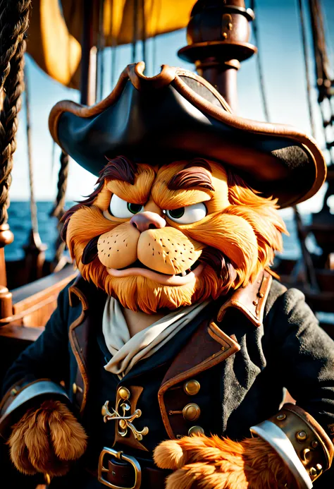 Garfield，Cowboy violent garfield hunts on pirate ship，shallowdepthoffield, vignet, The content is very detailed, High budget, bokeh, moodiness, epic, A gorgeous one, filmgrain, Super sharp