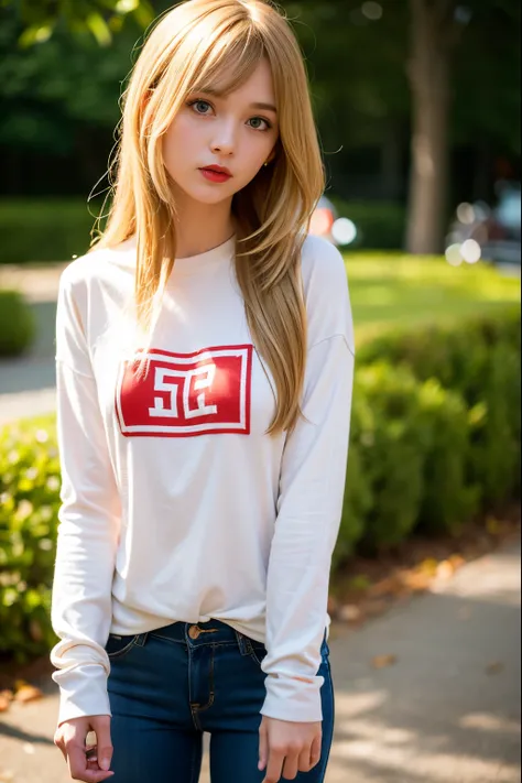 very skinny ,  long hair , teen   girl  max caulfield ,large eyes  ,shallow depth of field , 
 blurry, red lips, blonde hair  ,  ,  , soft skin, , expressive eyes ,
 , , long sleeve red  t-shirt,  jens pants , park