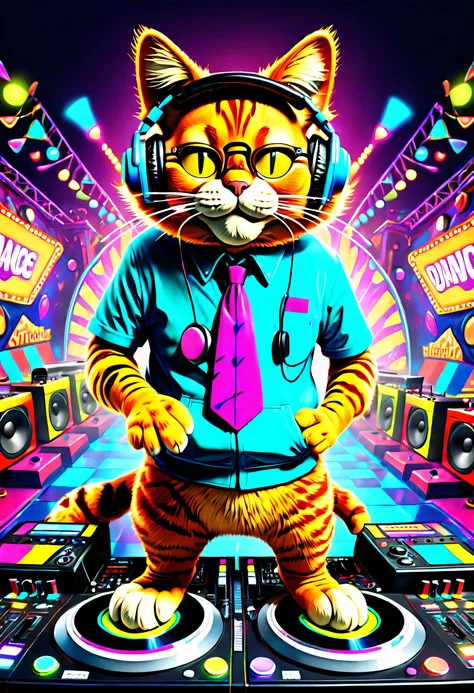 upper part of body, Garfield DJ, look at the crowd，Garfield,Cat motif，Quirky, Vibrant appearance, Playful accessories, vibrant with colors，Creative behavior, stroll, Sensual, spontaneous, DJ headphones, ((Mixing Console)), Glitch Punk Garfield, carnival ga...