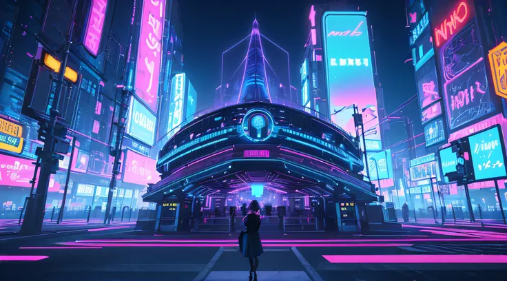 A retrowave landscape emerges from the dark blue background, creating an absurdes masterpiece. The scene is filled with vibrant neon lights, depicting a surreal cityscape with towering buildings, glowing signs, and glowing roads. The colors are vivid and r...