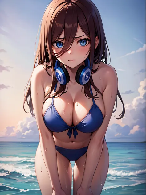 1girl, miku nakano, (Puffing up ones cheeks:1.5), (Angry:1.1), long hair, bangs, blue eyes, brown hair, hair between eyes, headphones, headphones around neck, 
BREAK (leaning forward:1.3), (Place your hands on your thighs:1.2), string bikini, (blue bikini:...