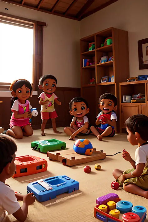 photos of 10 children of various ethnicities playing with the new toys they received as a donation, They are from an NGO and they are very happy, imagem de igreja no fundo