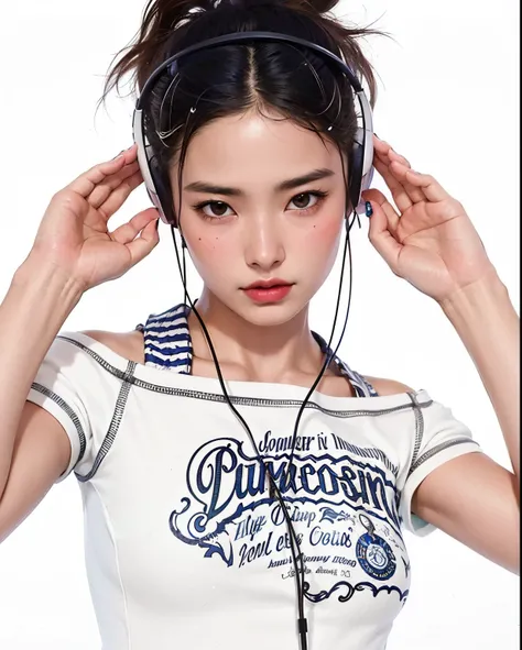 arafa woman wearing headphones and a white shirt with a dragon, e 2K Cybercore, fofo, cybercore, com fones de ouvido, com fones de ouvido, dilraba dilmurat, Fashwave, e-menina, E - Menina, Kiko Mizuhara, headphones on head, Shiori Teshirogi, menina usando ...