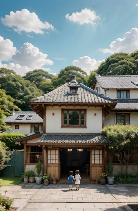 anime, cartoon, illustration, "painting" of a small characteristic Japanese wooden white house with veranda and woodshed, with garden, potted plants and a balcony, colors lit, shadow light contrast, on the blue roof of the house a chimney with smoke, blue ...