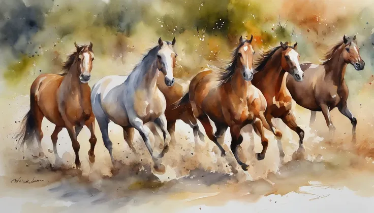 9 horses，Nine Jun Diagram, Watercolor painting, watercolor paiting, watercolor paiting, Watercolor painting, watercolor on paper, Watercolor on canvas, detailed watercolour, Colorful watercolor painting, Watercolor on paper, watercolor paiting, fantasy wat...