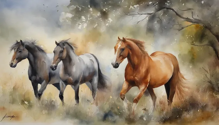 9 horses，Nine Jun Diagram, Watercolor painting, watercolor paiting, watercolor paiting, Watercolor painting, watercolor on paper, Watercolor on canvas, detailed watercolour, Colorful watercolor painting, Watercolor on paper, watercolor paiting, fantasy wat...